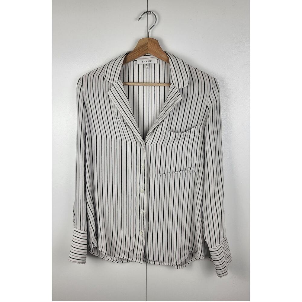 FRAME 100% Silk Striped Button Down Blouse | Black White XS - Picture 6 of 11